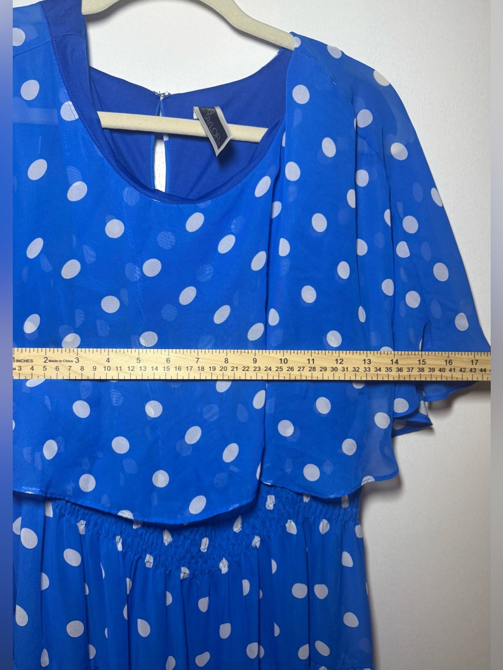Julian Taylor Blue White Polka Dot Chiffon Layered A-Line Midi Dress Size 14 - Picture 6 of 8
